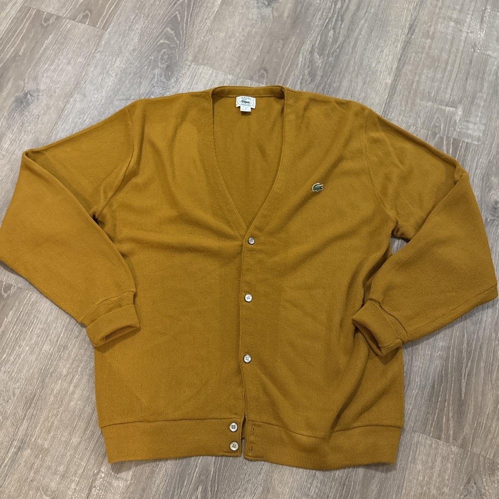 VTG 80s Lacoste Bold Mustard‎ Knitted Orlon Acrylic Cardigan Sweater Size XL